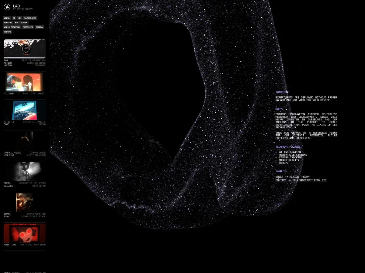 Active Theory Experiments Hub website preview by Active Theory