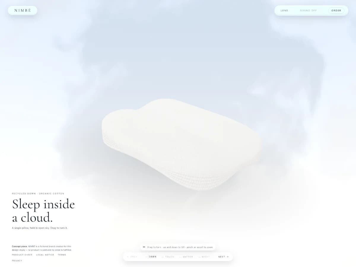 NIMBÉ — A pillow, down to the thread website preview by Memprest