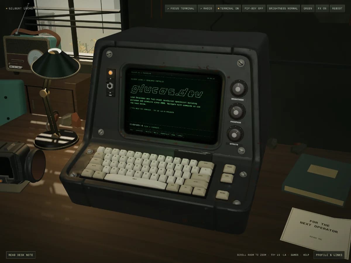 glucas.dev — Interactive 3D Terminal Portfolio website preview by Gilbert